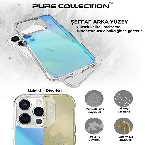 Bix iPhone 13 Pro Max Pure Rainbow Renk Geçişli Şeffaf Kılıf Çizilmeye Dayanıklı Darbe Emici Parmak İzi Önleyici Mavi