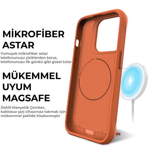 Bix iPhone 14 Pro Max Vortex Magsafe Stand Özellikli Mikro Fiber İç Yüzey Telefon Kılıfı Turuncu