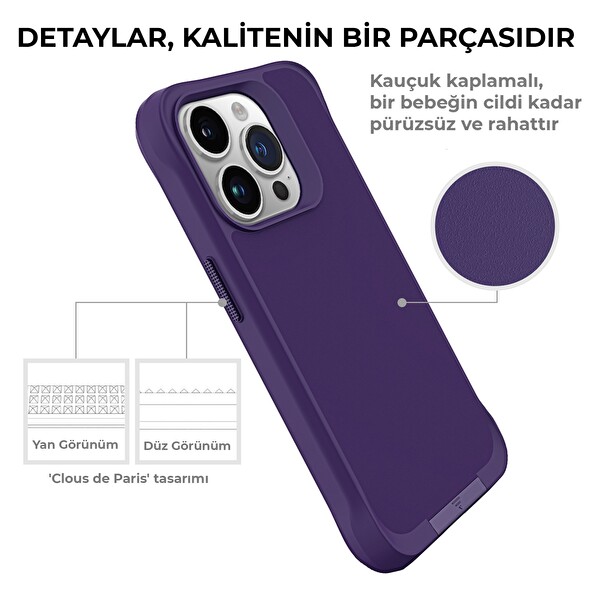 Bix iPhone 15 Pro Vortex Magsafe Stand Özellikli Mikro Fiber İç Yüzey Telefon Kılıfı Koyu Mor