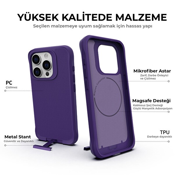 Bix iPhone 15 Pro Vortex Magsafe Stand Özellikli Mikro Fiber İç Yüzey Telefon Kılıfı Koyu Mor