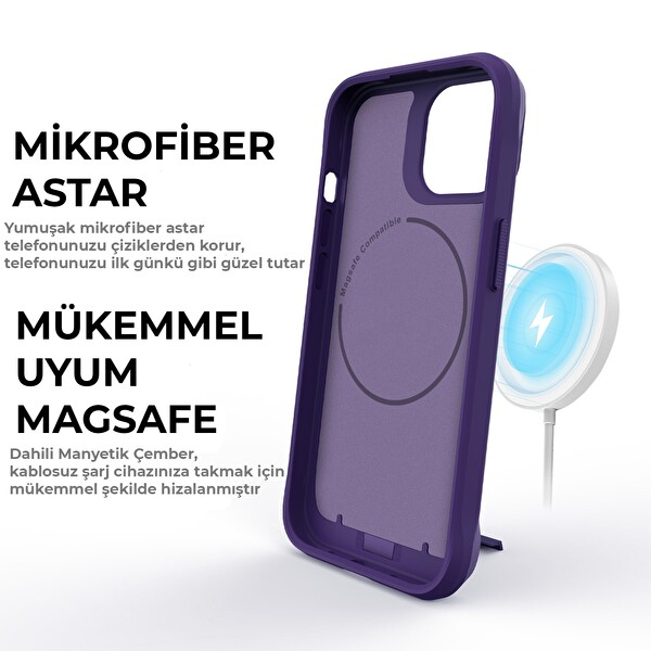 Bix iPhone 15 Pro Vortex Magsafe Stand Özellikli Mikro Fiber İç Yüzey Telefon Kılıfı Koyu Mor