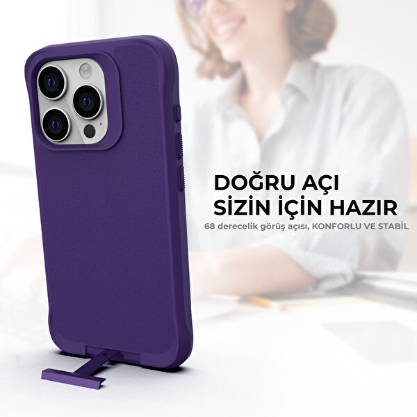 Bix iPhone 15 Pro Vortex Magsafe Stand Özellikli Mikro Fiber İç Yüzey Telefon Kılıfı Koyu Mor