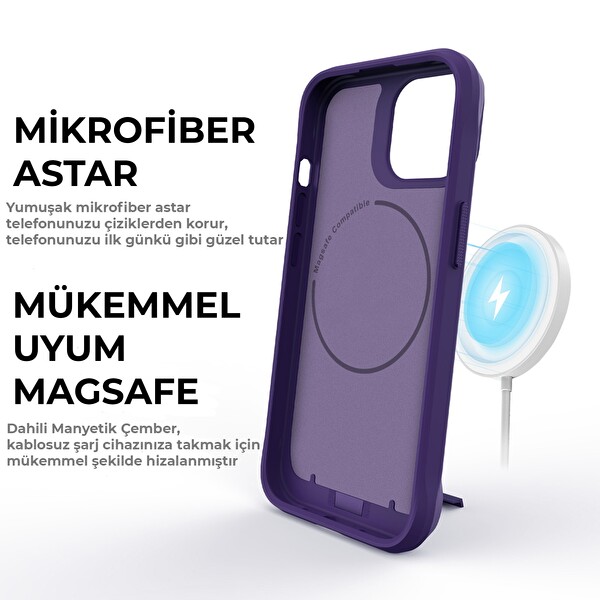 Bix iPhone 14 Plus - 15 Plus Vortex MagSafe Kılıf Stand Özellikli 3X Korumalı Mikro Fiber İç Yüzey Koyu Mor