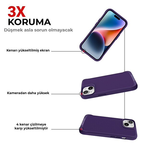 Bix iPhone 14 Plus - 15 Plus Vortex MagSafe Kılıf Stand Özellikli 3X Korumalı Mikro Fiber İç Yüzey Koyu Mor