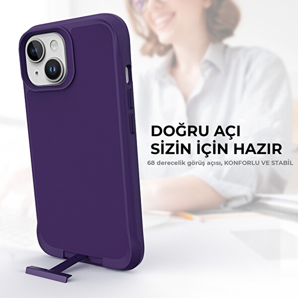 Bix iPhone 14 Plus - 15 Plus Vortex MagSafe Kılıf Stand Özellikli 3X Korumalı Mikro Fiber İç Yüzey Koyu Mor