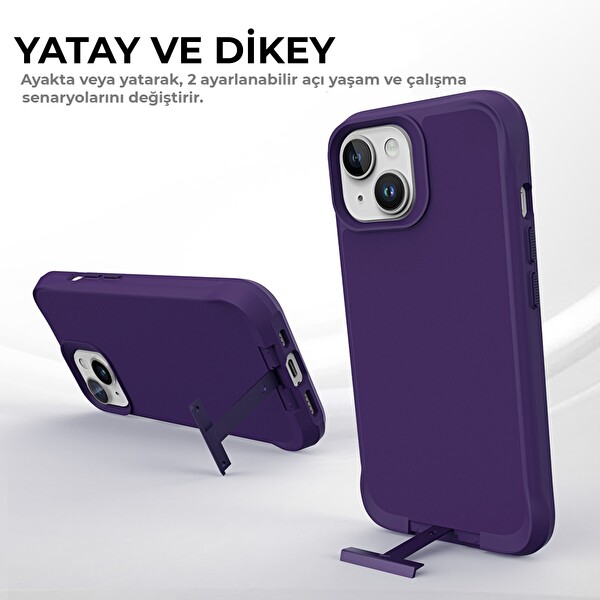 Bix iPhone 14 Plus - 15 Plus Vortex MagSafe Kılıf Stand Özellikli 3X Korumalı Mikro Fiber İç Yüzey Koyu Mor