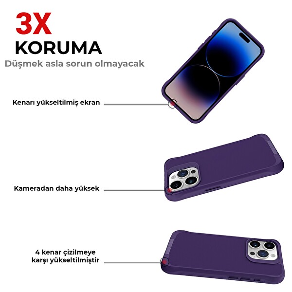 Bix iPhone 14 Pro Vortex MagSafe Kılıf Stand Özellikli 3X Korumalı Mikro Fiber İç Yüzey Koyu Mor