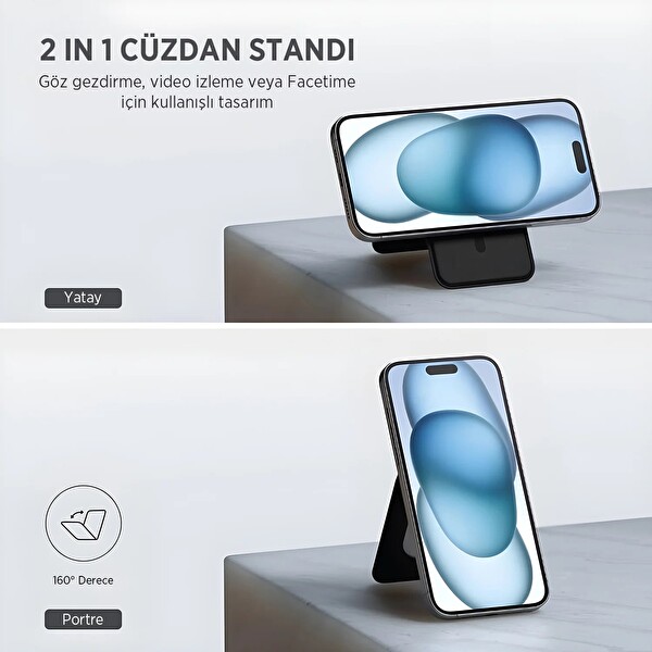 Bix TMW2 iPhone MagSafe Manyetik Deri Kartlık Katlanabilir Standlı Cüzdan Kahverengi
