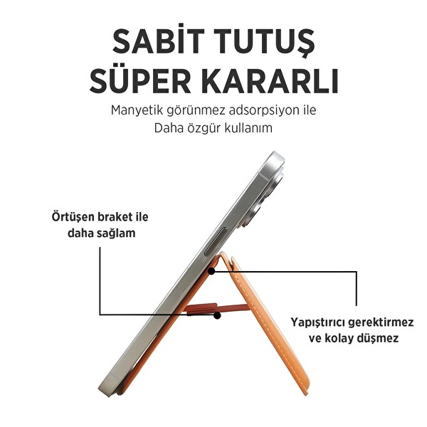 Bix TMW4 iPhone MagSafe Uyumlu Deri Cüzdan Manyetik Kartlık Standlı Katlanabilir Desert Gold