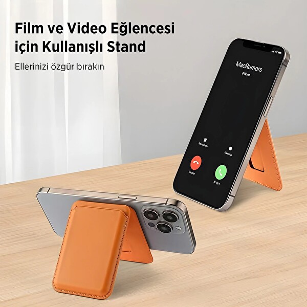 Bix TMW4 iPhone MagSafe Uyumlu Deri Cüzdan Manyetik Kartlık Standlı Katlanabilir Desert Gold
