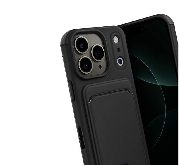 Rova iPhone 17 Pro Max Uyumlu Kartvizitli Kartlıklı Darbe Korumalı Silikon Kılıf – Siyah