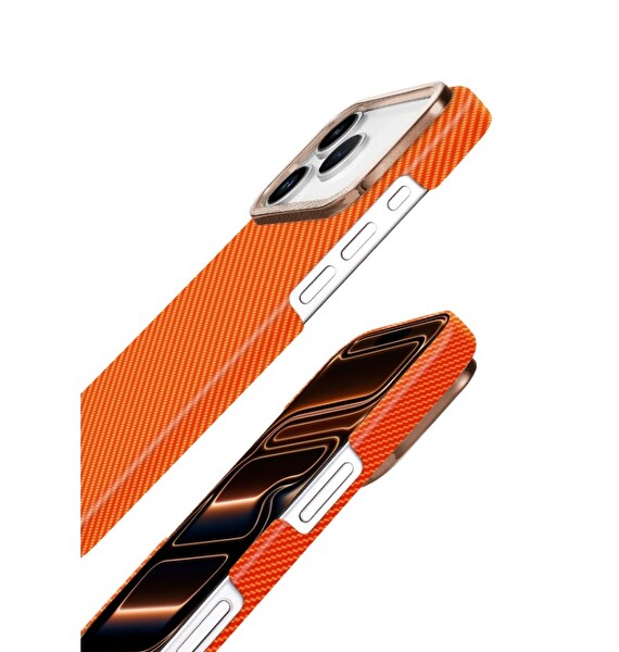 Rova iPhone 17 Pro Uyumlu iPhone Uyumlu Karbon Fiber Desenli Ultra İnce Koruyucu Kılıf – Turuncu