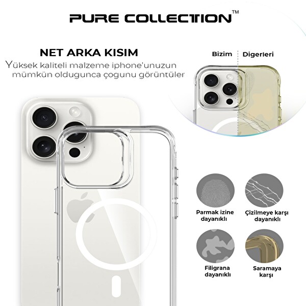 Bix iPhone 15 Pro Max MagSafe Uyumlu Transparan Şeffaf Kılıf Güçlü Manyetik Üstün Darbe Koruması