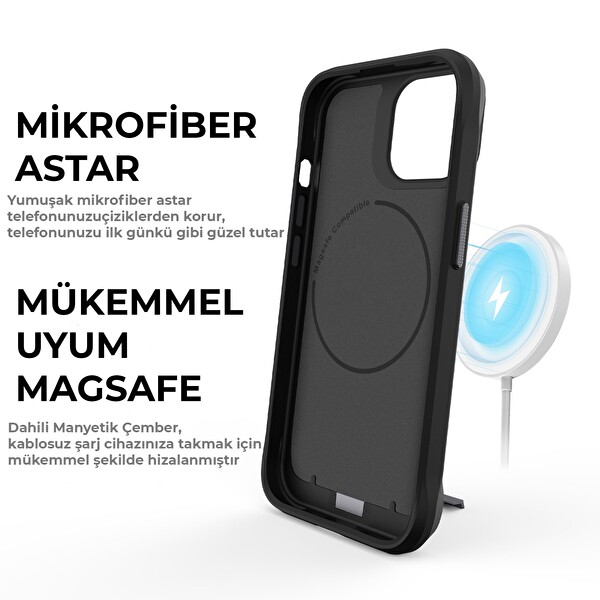 Bix iPhone 14 Plus / 15 Plus Vortex MagSafe Kılıf Stand Özellikli 3X Korumalı Mikro Fiber İç Yüzey Siyah