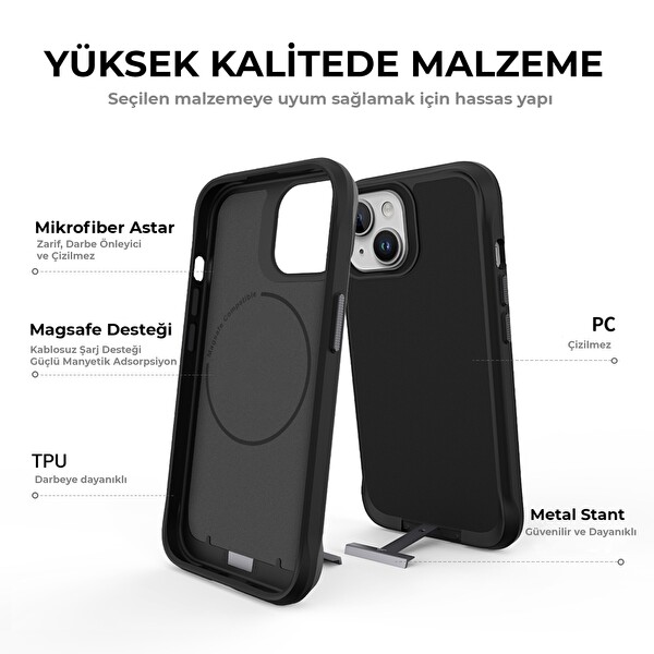 Bix iPhone 14 Plus / 15 Plus Vortex MagSafe Kılıf Stand Özellikli 3X Korumalı Mikro Fiber İç Yüzey Siyah