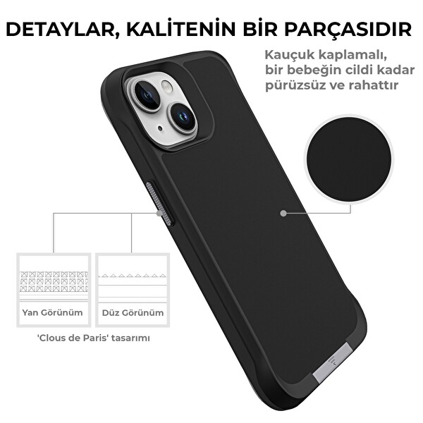 Bix iPhone 14 Plus / 15 Plus Vortex MagSafe Kılıf Stand Özellikli 3X Korumalı Mikro Fiber İç Yüzey Siyah