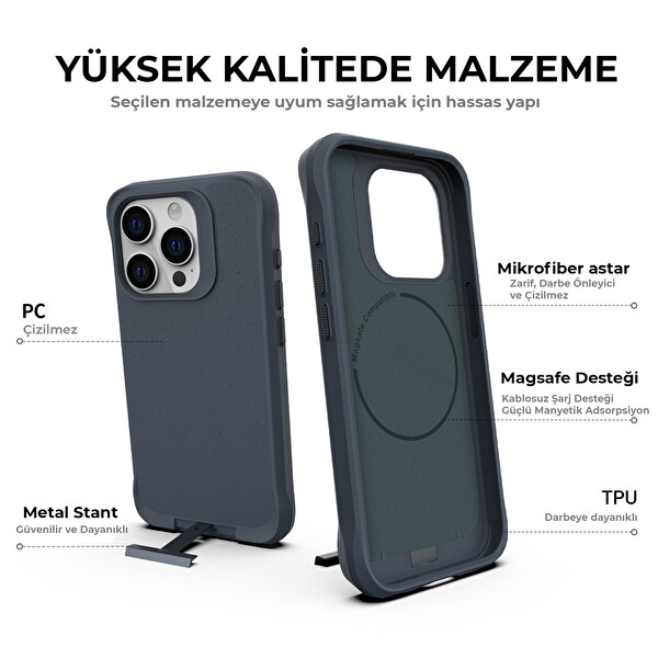 Bix iPhone 14 Pro Max Vortex MagSafe Kılıf Stand Özellikli 3X Korumalı Mikro Fiber İç Yüzey Gri Mavi