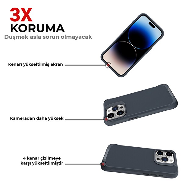 Bix iPhone 14 Pro Max Vortex MagSafe Kılıf Stand Özellikli 3X Korumalı Mikro Fiber İç Yüzey Gri Mavi