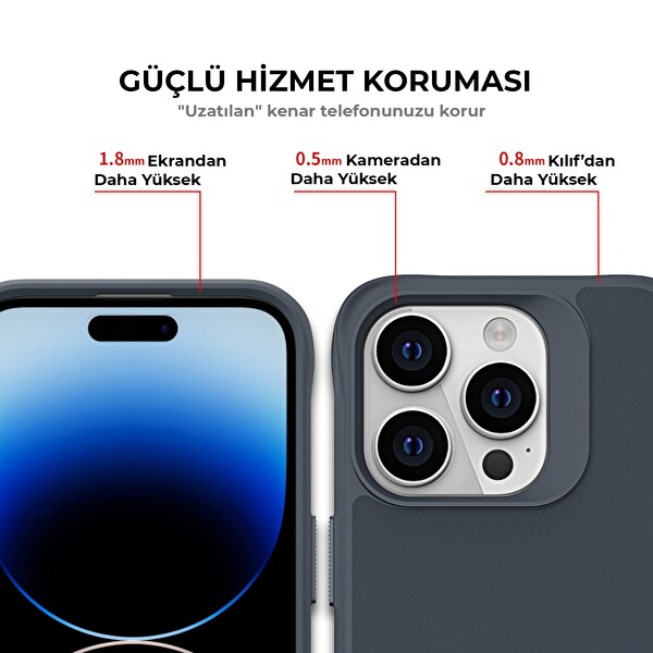 Bix iPhone 14 Pro Max Vortex MagSafe Kılıf Stand Özellikli 3X Korumalı Mikro Fiber İç Yüzey Gri Mavi