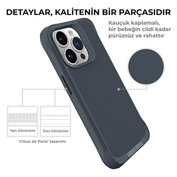 Bix iPhone 14 Pro Max Vortex MagSafe Kılıf Stand Özellikli 3X Korumalı Mikro Fiber İç Yüzey Gri Mavi