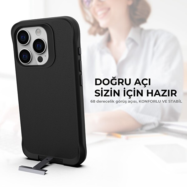 Bix iPhone 15 Pro Max Vortex MagSafe Kılıf Stand Özellikli 3X Korumalı Mikro Fiber İç Yüzey Siyah
