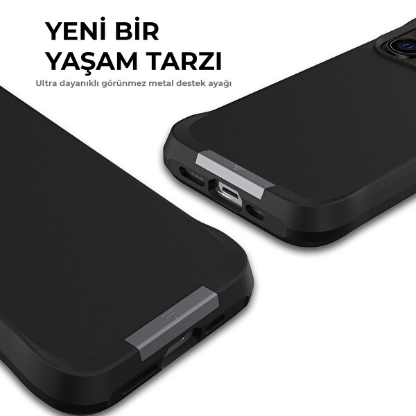 Bix iPhone 15 Pro Max Vortex MagSafe Kılıf Stand Özellikli 3X Korumalı Mikro Fiber İç Yüzey Siyah