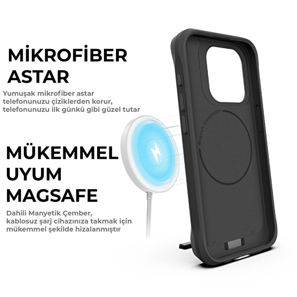 Bix iPhone 15 Pro Max Vortex MagSafe Kılıf Stand Özellikli 3X Korumalı Mikro Fiber İç Yüzey Siyah