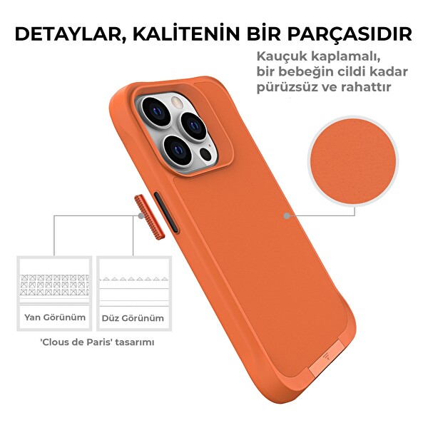 Bix iPhone 15 Pro Vortex MagSafe Kılıf Stand Özellikli 3X Korumalı Mikro Fiber İç Yüzey Turuncu