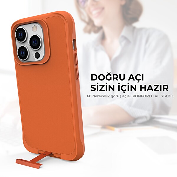 Bix iPhone 15 Pro Vortex MagSafe Kılıf Stand Özellikli 3X Korumalı Mikro Fiber İç Yüzey Turuncu