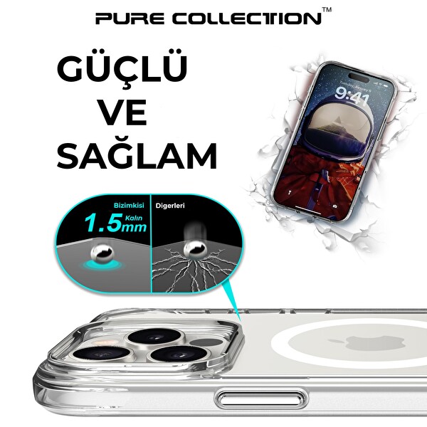 Bix iPhone 15 Pro MagSafe Uyumlu Transparan Şeffaf Kılıf Güçlü Manyetik Üstün Darbe Koruması