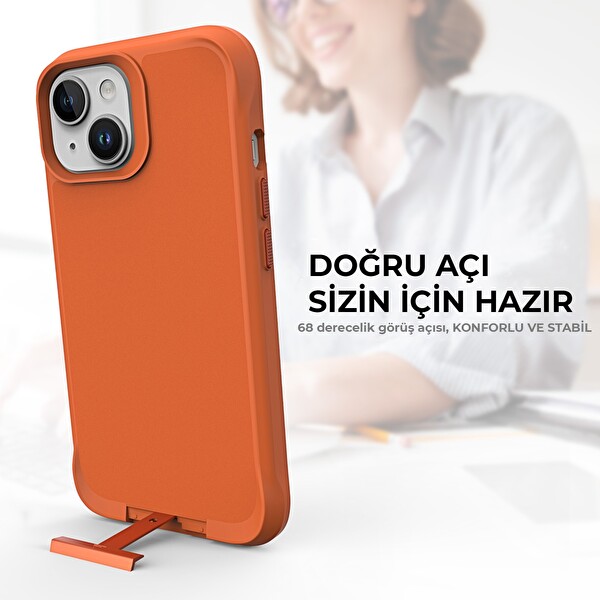 Bix iPhone 15 Vortex MagSafe Kılıf Stand Özellikli 3X Korumalı Mikro Fiber İç Yüzey Turuncu
