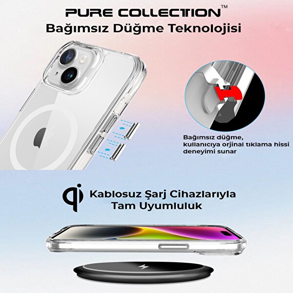 Bix iPhone 15 MagSafe Uyumlu Transparan Şeffaf Kılıf Güçlü Manyetik Üstün Darbe Koruması