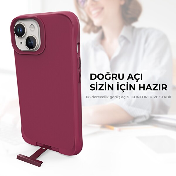Bix iPhone 14 Plus / 15 Plus Vortex MagSafe Kılıf Stand Özellikli 3X Korumalı Mikro Fiber İç Yüzey Kırmızı