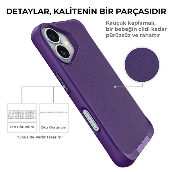 Bix iPhone 16 Plus Vortex MagSafe Kılıf Stand Özellikli 3X Korumalı Mikro Fiber İç Yüzey Koyu Mor