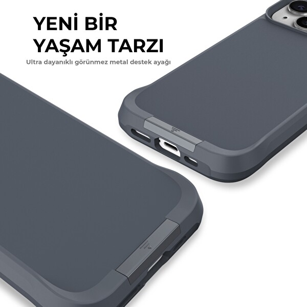 Bix iPhone 15 Vortex MagSafe Kılıf Stand Özellikli 3X Korumalı Mikro Fiber İç Yüzey Gri Mavi