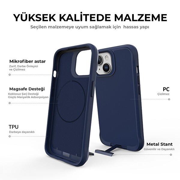 Bix iPhone 14 Plus / 15 Plus Vortex MagSafe Kılıf Stand Özellikli 3X Korumalı Mikro Fiber İç Yüzey Lacivert