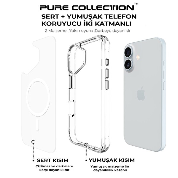 Bix iPhone 16 MagSafe Uyumlu Transparan Şeffaf Kılıf Güçlü Manyetik Üstün Darbe Koruması