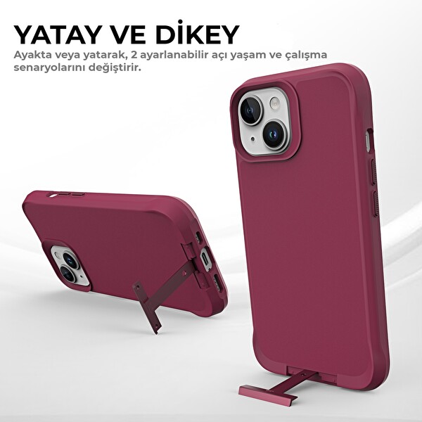 Bix iPhone 15 Vortex MagSafe Kılıf Stand Özellikli 3X Korumalı Mikro Fiber İç Yüzey Kırmızı