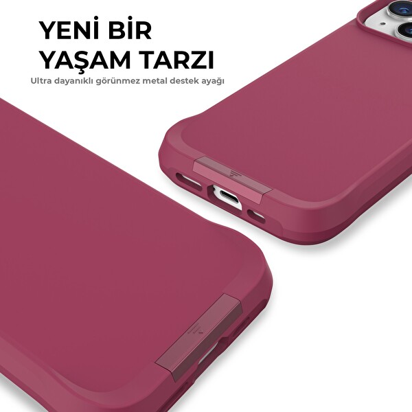 Bix iPhone 15 Vortex MagSafe Kılıf Stand Özellikli 3X Korumalı Mikro Fiber İç Yüzey Kırmızı