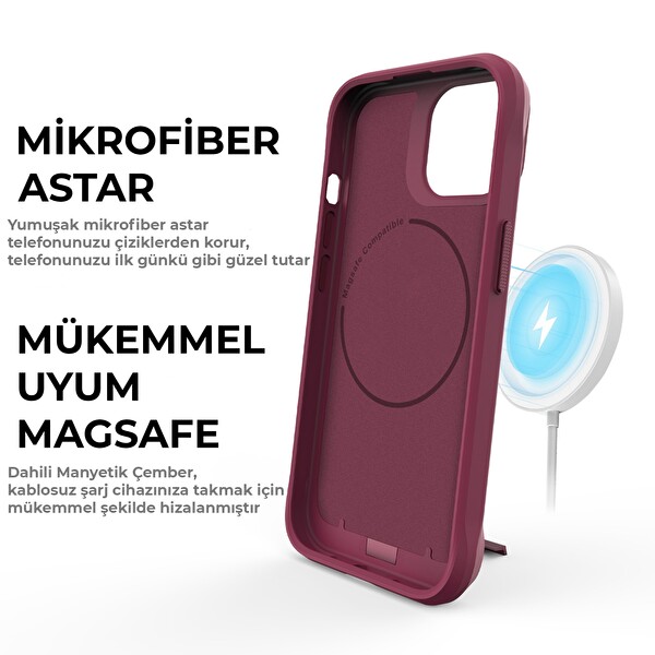 Bix iPhone 15 Vortex MagSafe Kılıf Stand Özellikli 3X Korumalı Mikro Fiber İç Yüzey Kırmızı