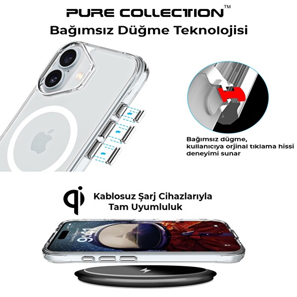 Bix iPhone 16 Plus MagSafe Uyumlu Transparan Şeffaf Kılıf Güçlü Manyetik Üstün Darbe Koruması