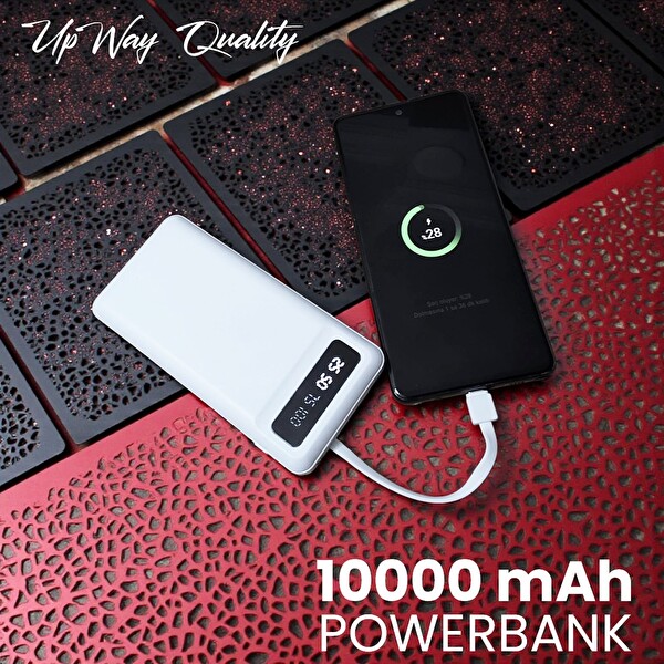 Upway 10000 mAh Powerbank - Kendinden Kablolu Fenerli Hızlı Şarj Özellikli Beyaz