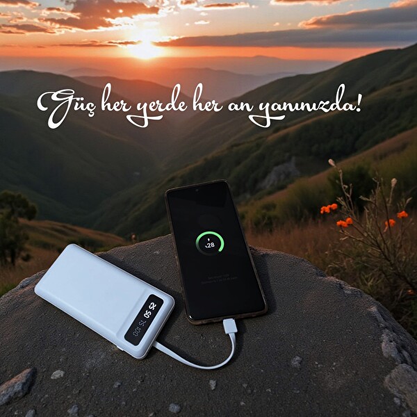 Upway 10000 mAh Powerbank - Kendinden Kablolu Fenerli Hızlı Şarj Özellikli Beyaz