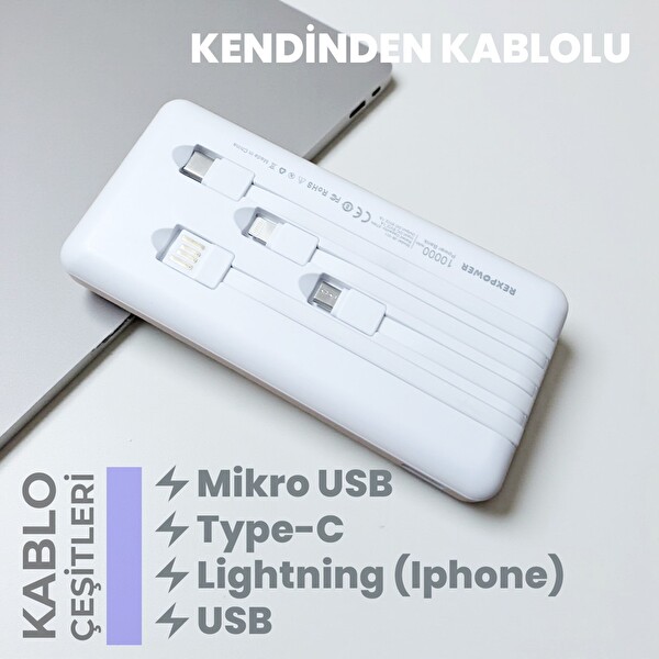 Upway 10000 mAh Powerbank - Kendinden Kablolu Fenerli Hızlı Şarj Özellikli Beyaz