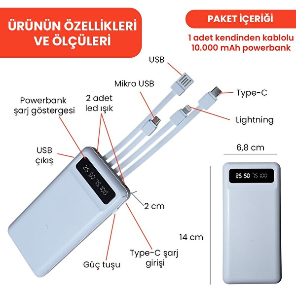 Upway 10000 mAh Powerbank - Kendinden Kablolu Fenerli Hızlı Şarj Özellikli Beyaz