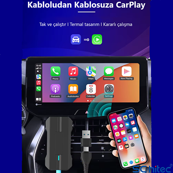 ScHitec Android İos CarPlay Adaptör Otomatik Bluetooth Wireless Kablosuz Tak Çalıştır P80
