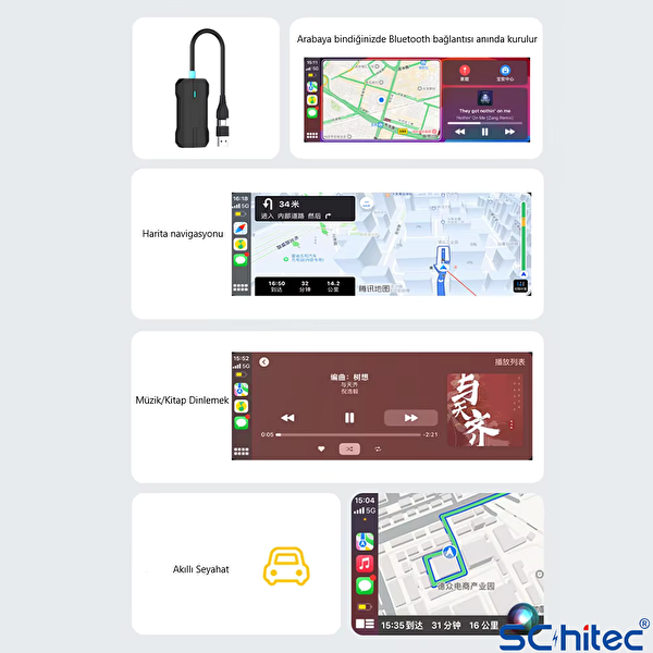 ScHitec Android İos CarPlay Adaptör Otomatik Bluetooth Wireless Kablosuz Tak Çalıştır P80