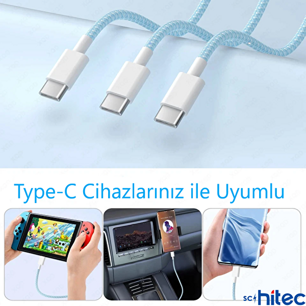 ScHitec 6A 60W Apple İphone 15 ve Üzeri Uyumlu Type C to Type C Örgülü Hızlı Data ve Şarj Kablosu Beyaz K291 4