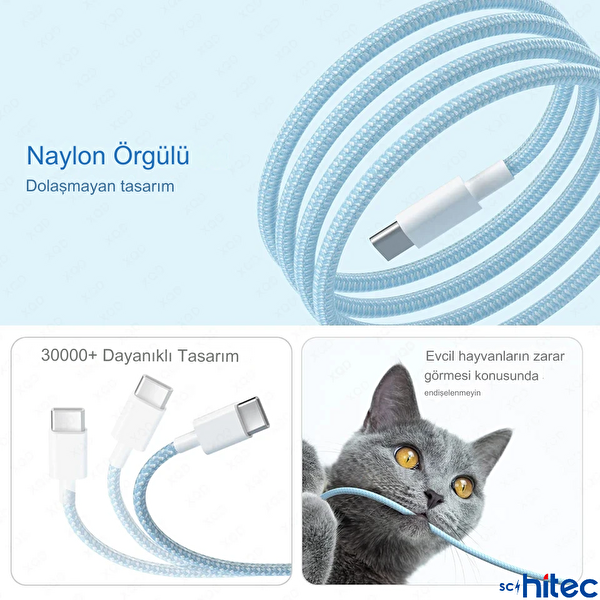 ScHitec 6A 60W Apple İphone 15 ve Üzeri Uyumlu Type C to Type C Örgülü Hızlı Data ve Şarj Kablosu Beyaz K291 5