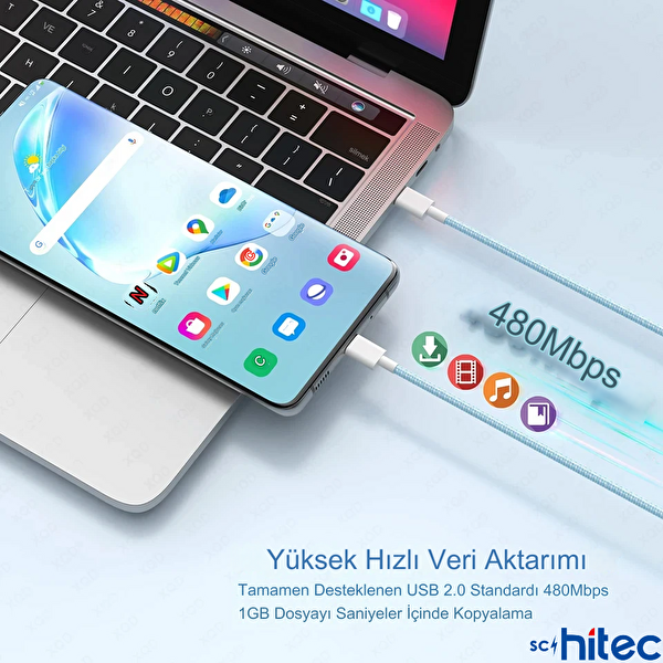 ScHitec 6A 60W Apple İphone 15 ve Üzeri Uyumlu Type C to Type C Örgülü Hızlı Data ve Şarj Kablosu Beyaz K291 6